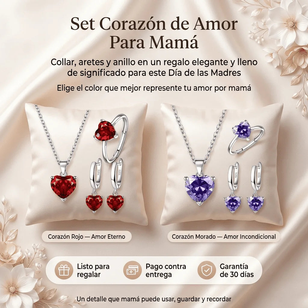 Set Corazón de Amor Para Mamá — Collar, Aretes y Anillo