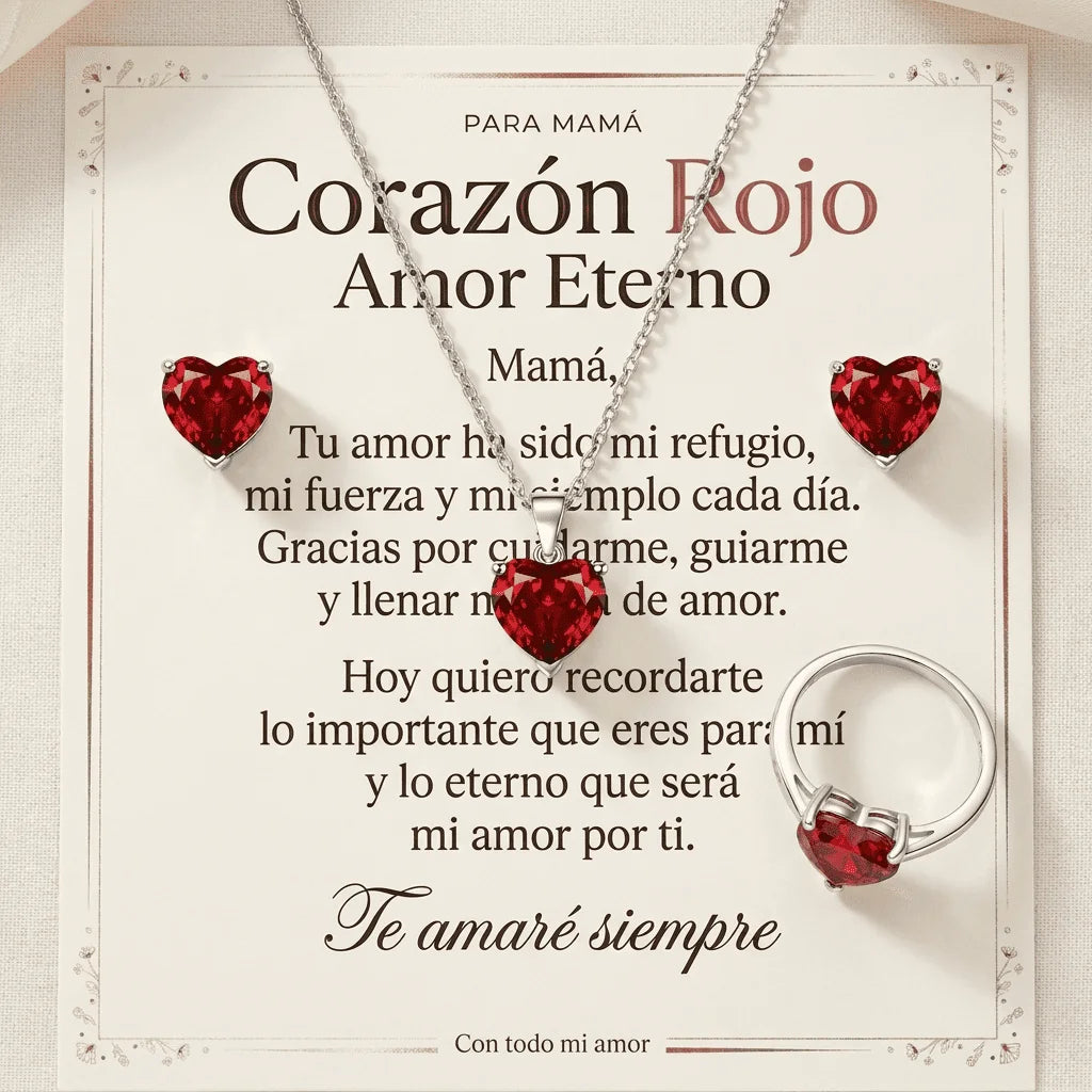 Set Corazón de Amor Para Mamá — Collar, Aretes y Anillo