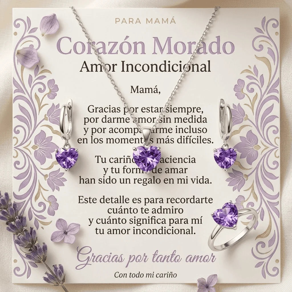 Set Corazón de Amor Para Mamá — Collar, Aretes y Anillo